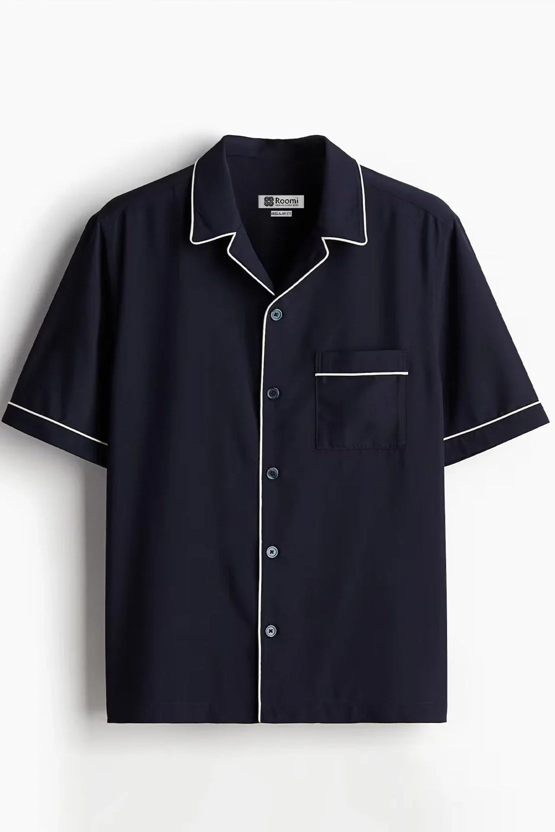 Navy blue short-sleeve button-up shirt with white piping detail and chest pocket