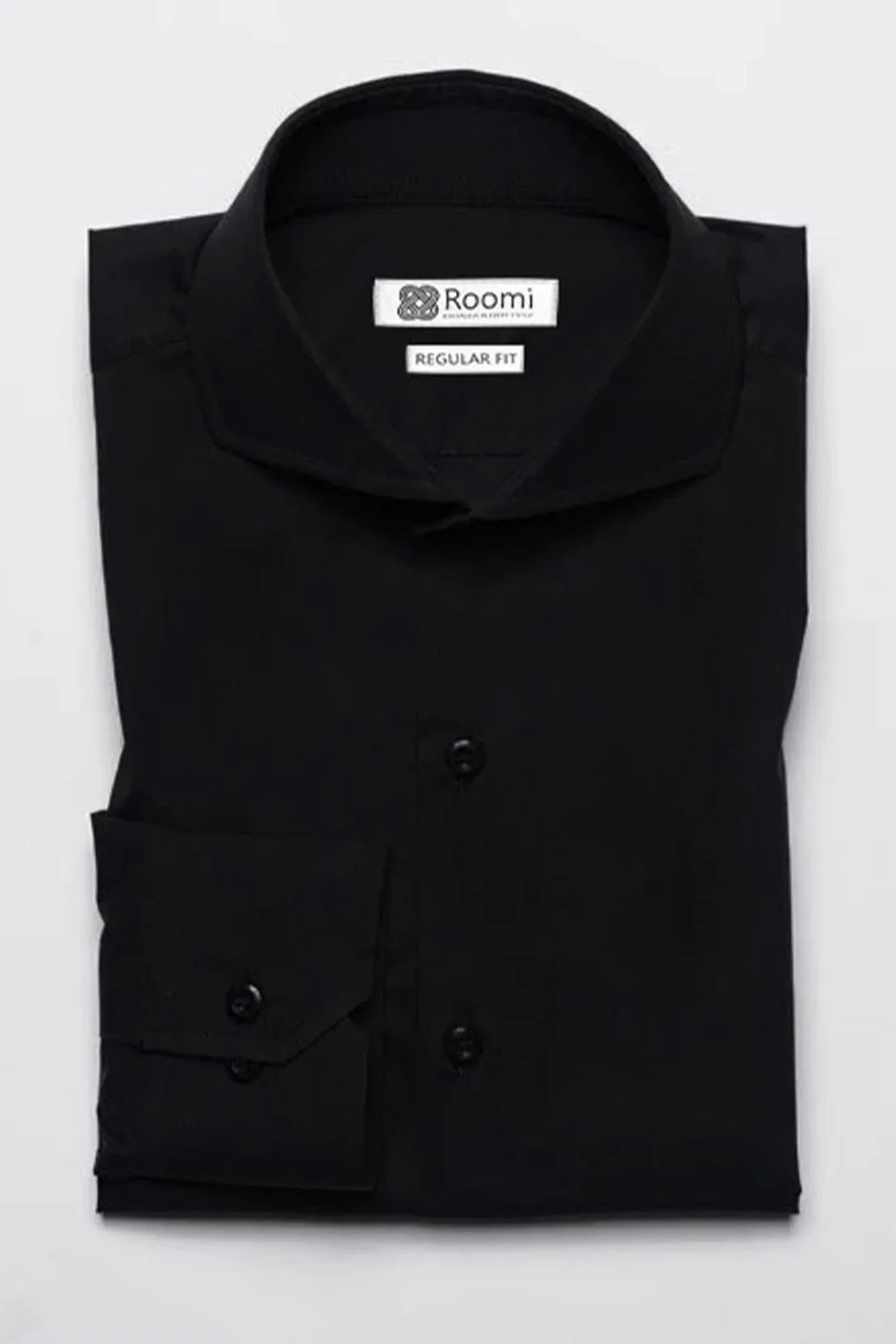 Folded black long-sleeve dress shirt with buttoned cuff and regular fit label