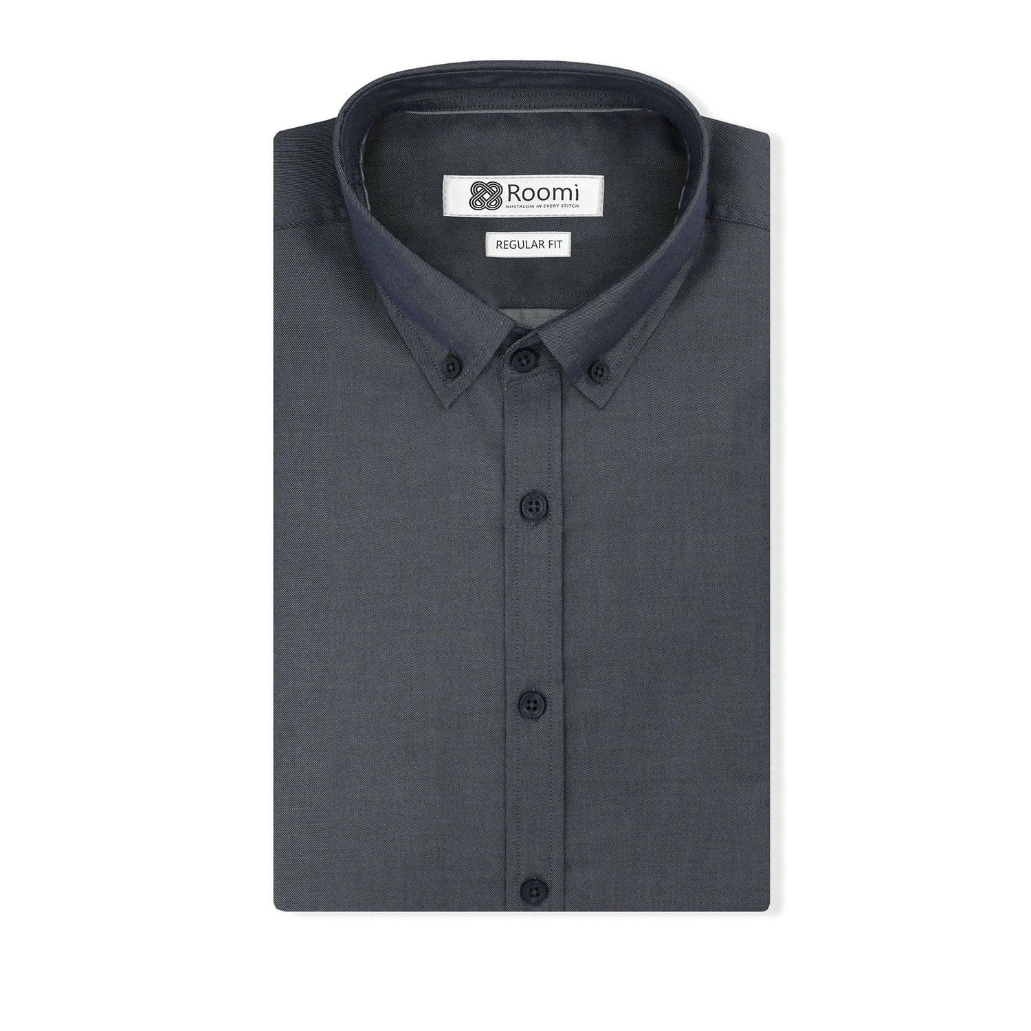 Folded dark gray Roomi brand regular fit button-down shirt with buttoned collar