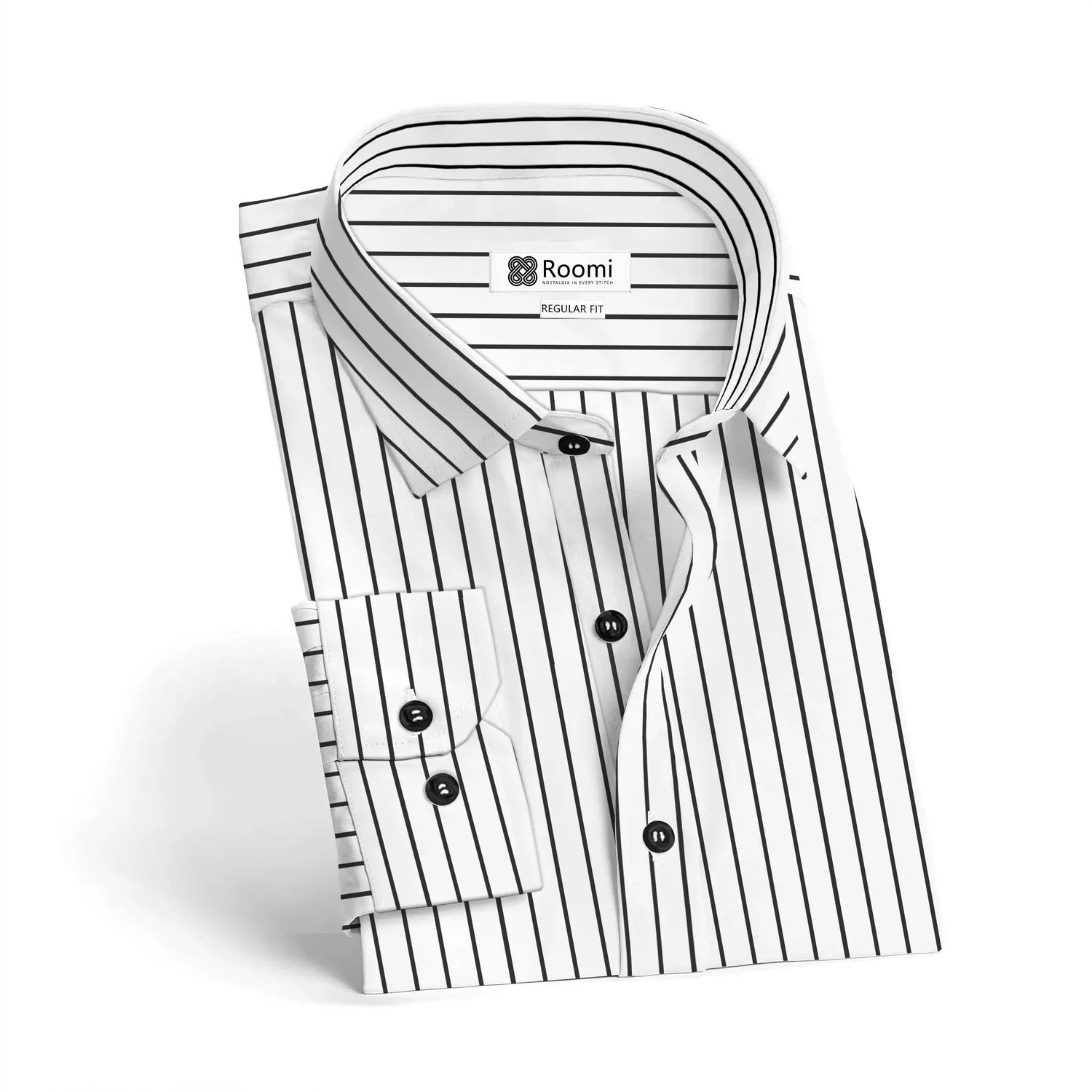 Folded white dress shirt with black vertical pinstripes and black buttons against white background