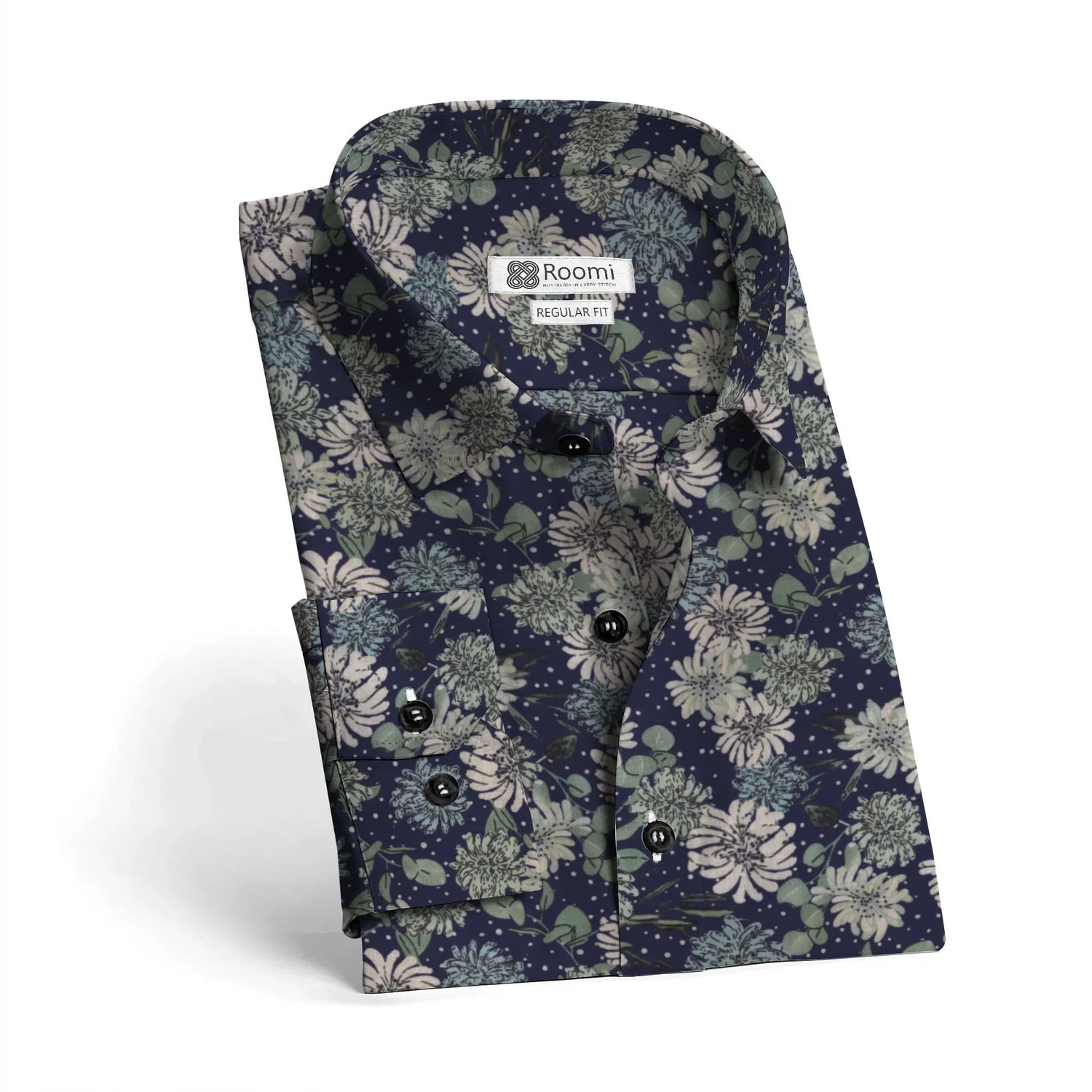 Folded regular fit dark floral button-up shirt by Roomi with black buttons on white background