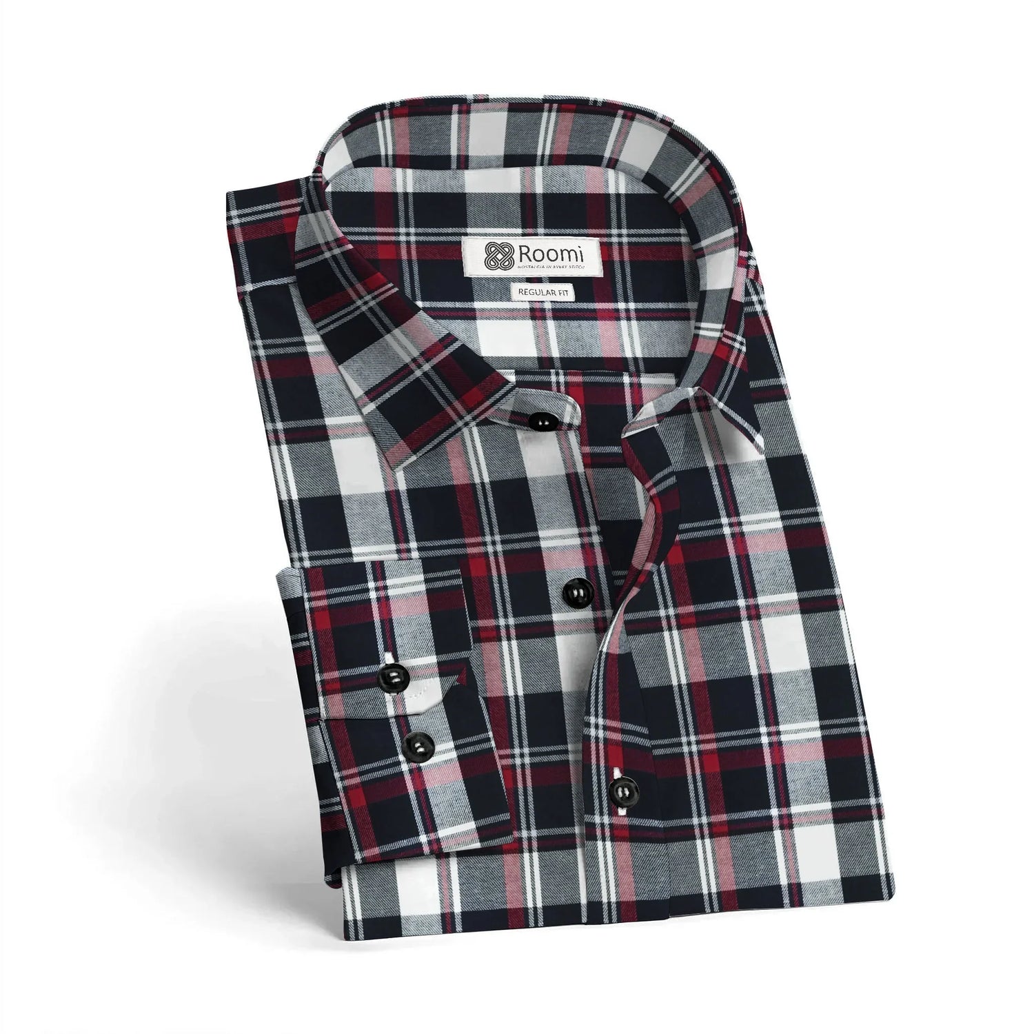 Roomi brand regular fit men's red and black checkered button-up shirt neatly folded on white background