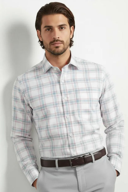WHITE SOFT PLAID FORMAL SHIRT