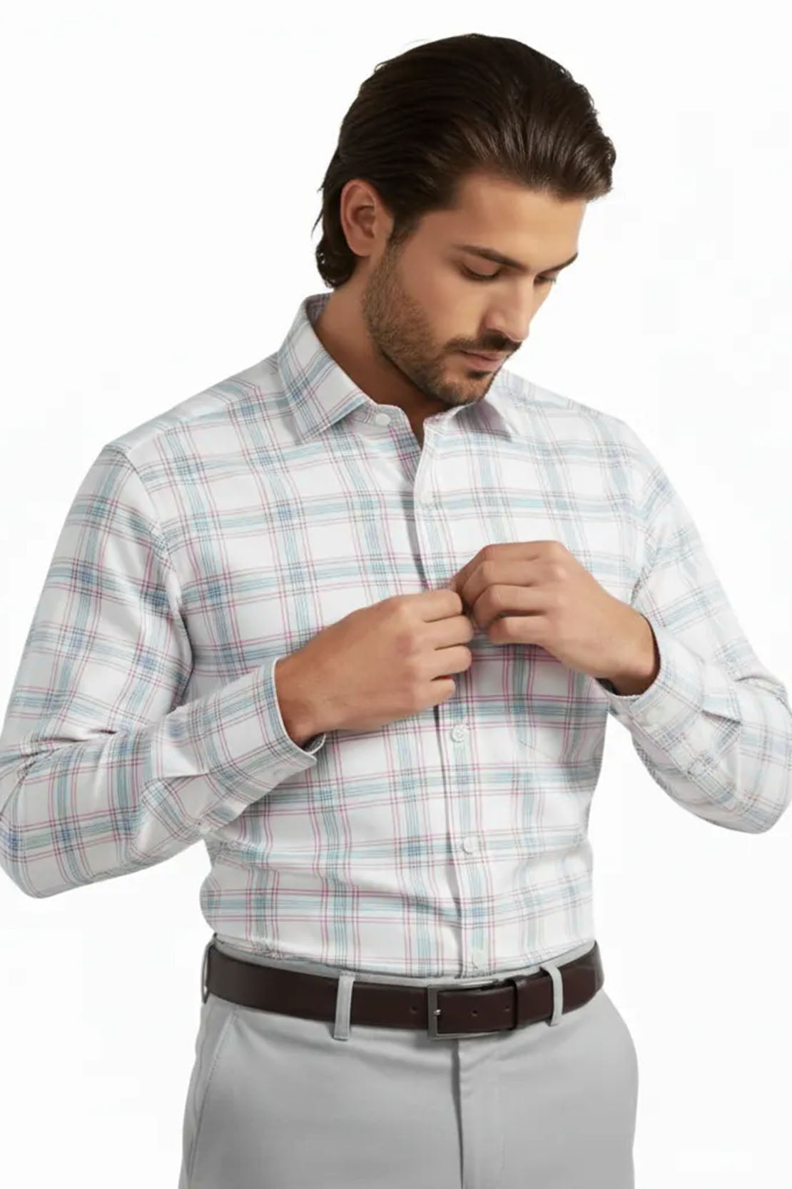 WHITE SOFT PLAID FORMAL SHIRT