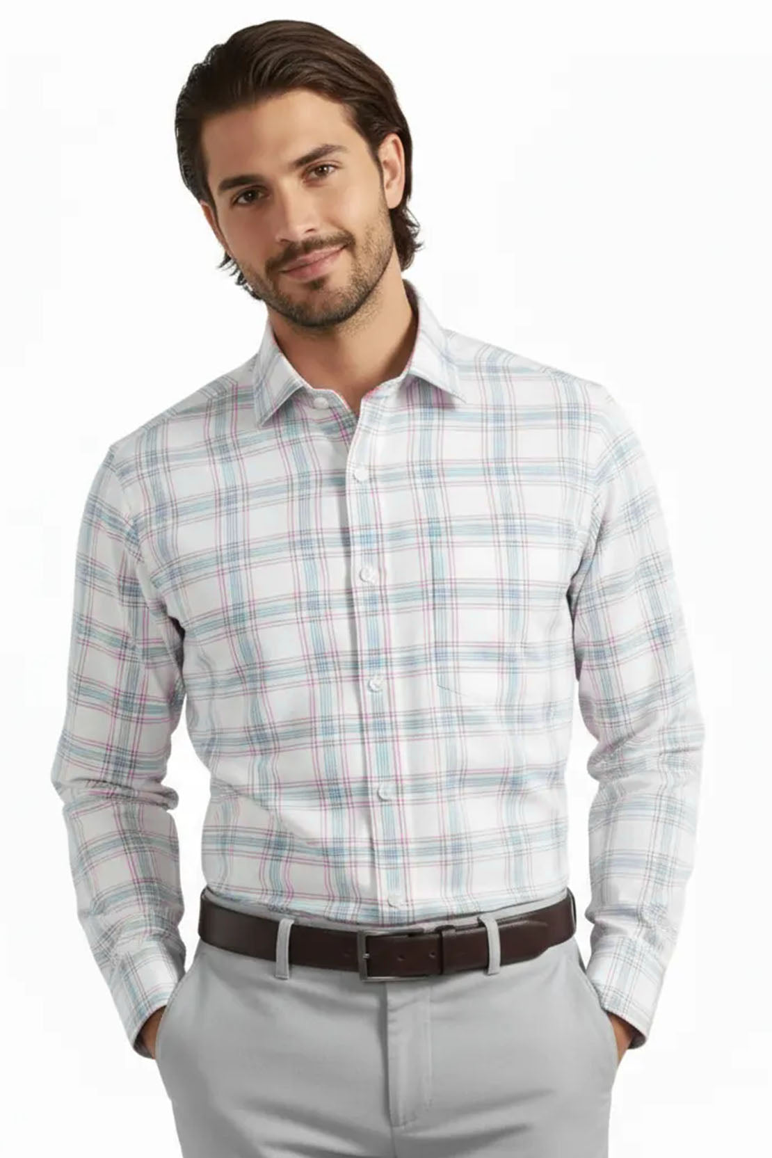 WHITE SOFT PLAID FORMAL SHIRT