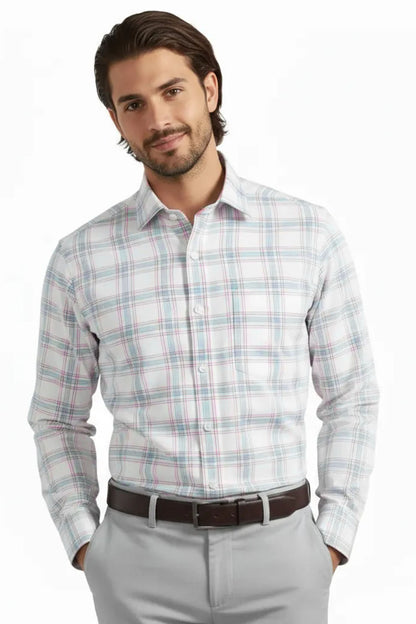 WHITE SOFT PLAID FORMAL SHIRT