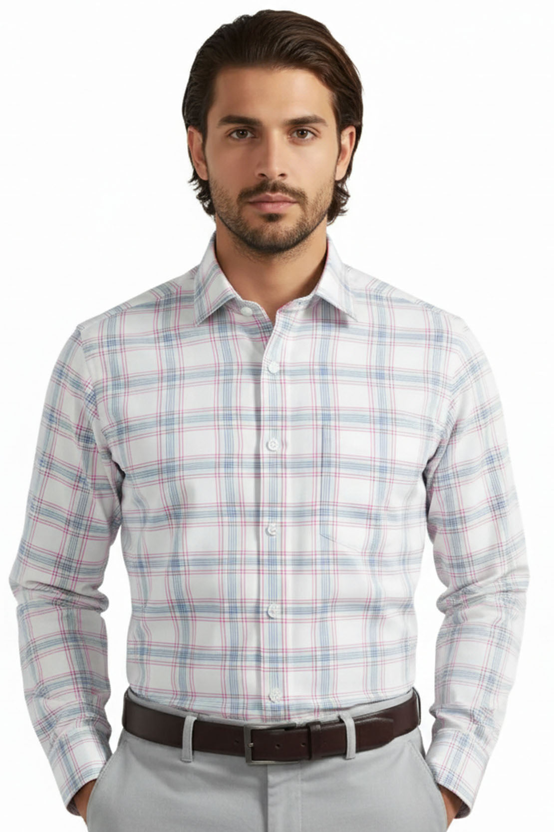 WHITE SOFT PLAID FORMAL SHIRT