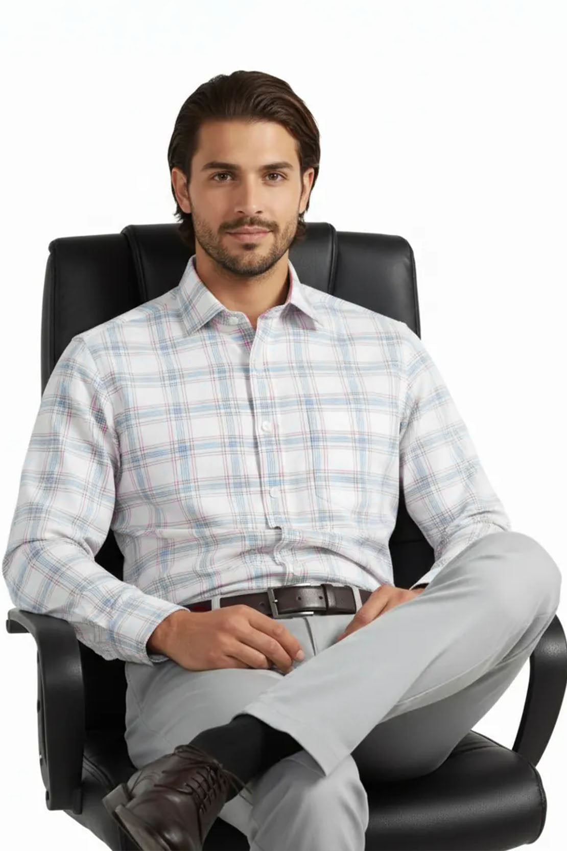 WHITE SOFT PLAID FORMAL SHIRT