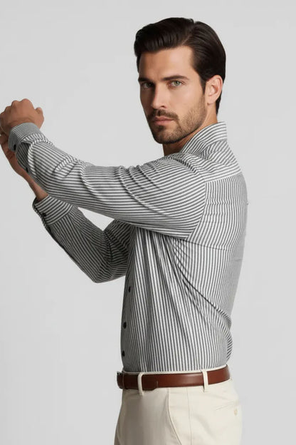 CRISP GREY BLACK VERTICAL LINE CUBAN SHIRT