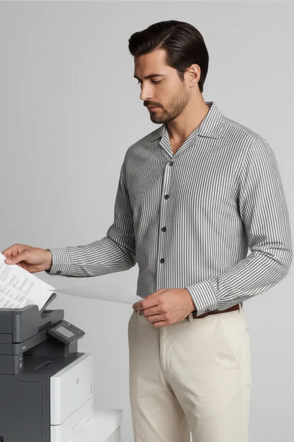 CRISP GREY BLACK VERTICAL LINE CUBAN SHIRT