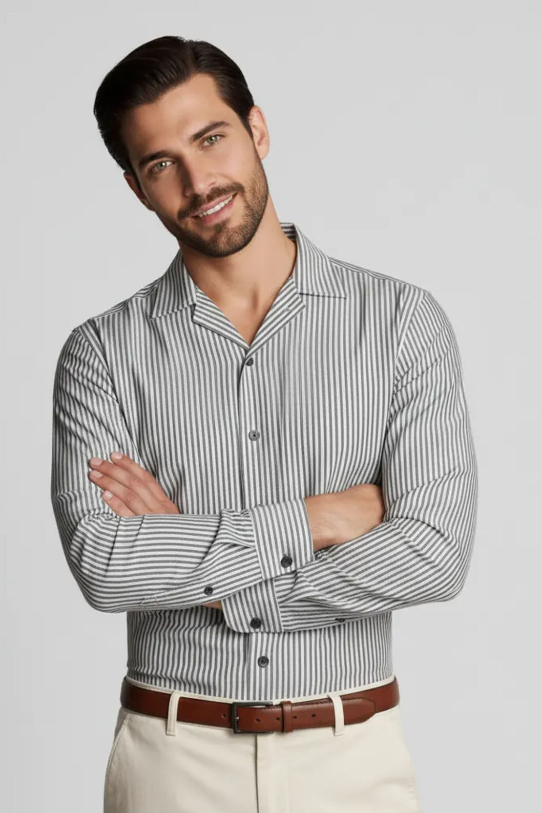 CRISP GREY BLACK VERTICAL LINE CUBAN SHIRT
