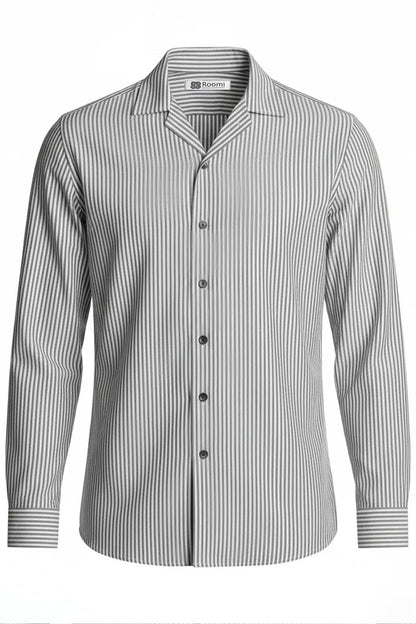 CRISP GREY BLACK VERTICAL LINE CUBAN SHIRT