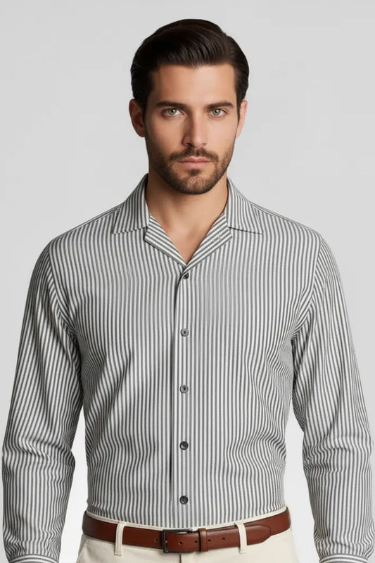 CRISP GREY BLACK VERTICAL LINE CUBAN SHIRT