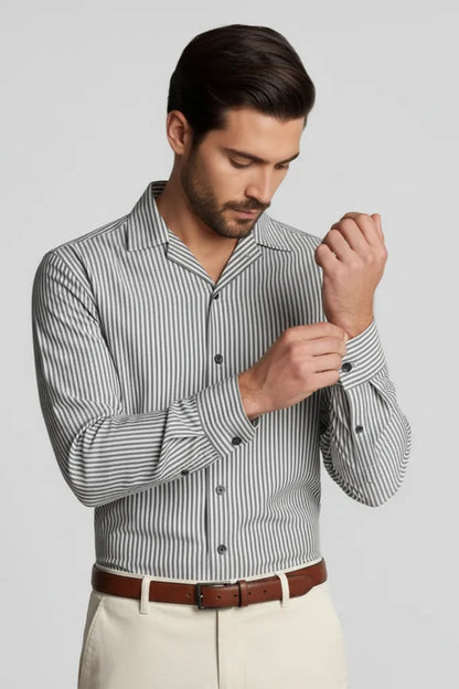 CRISP GREY BLACK VERTICAL LINE CUBAN SHIRT