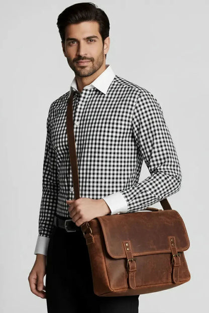 Man wearing black and white checkered shirt with white collar, carrying brown leather messenger bag