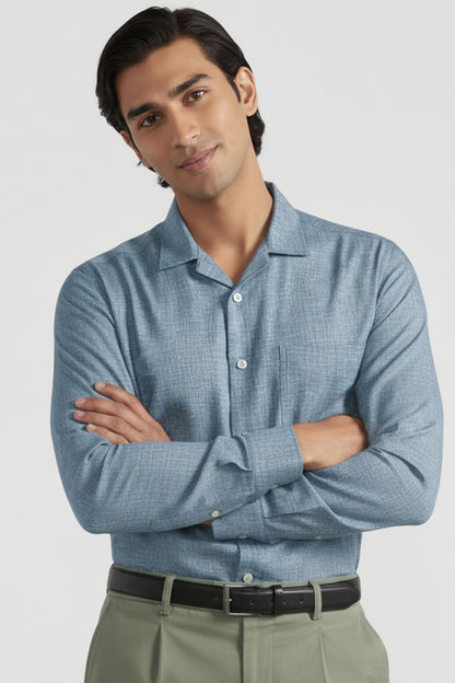 PALE BLUE SLUB CUBAN SHIRT