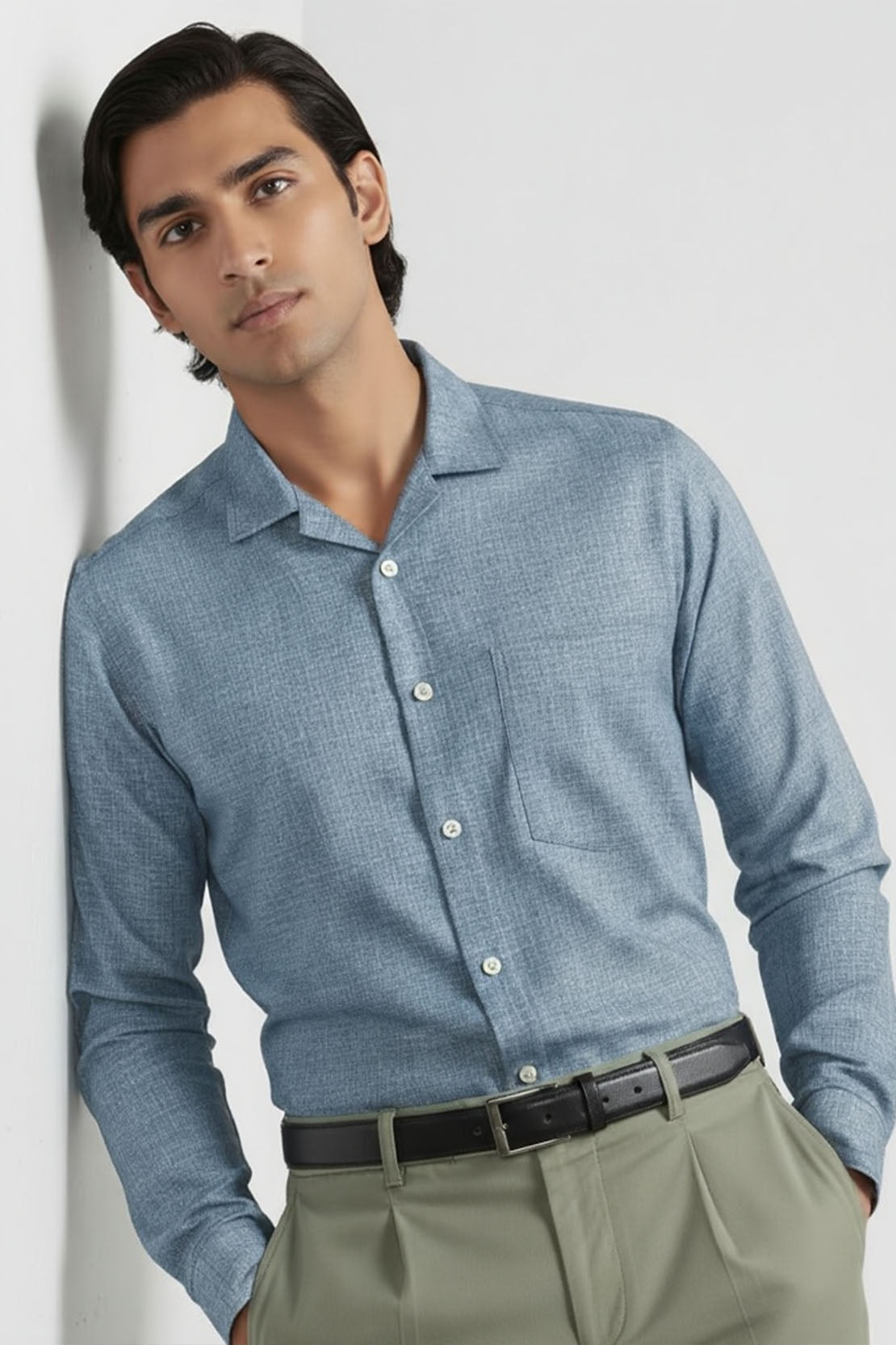 PALE BLUE SLUB CUBAN SHIRT