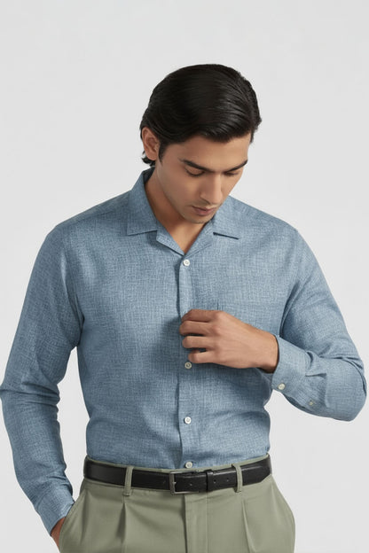 PALE BLUE SLUB CUBAN SHIRT