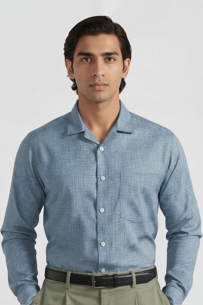 PALE BLUE SLUB CUBAN SHIRT