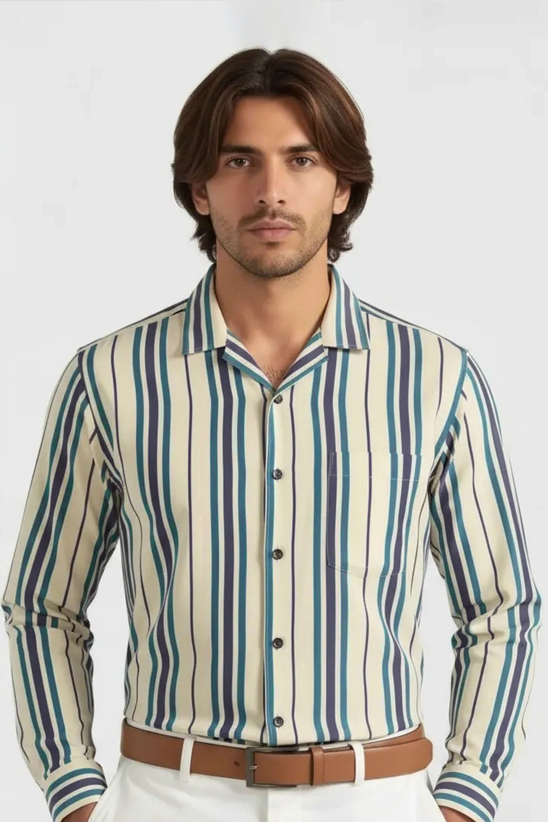 TEAL VERTICAL CUBAN STRIPE SHIRT