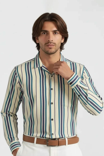 TEAL VERTICAL CUBAN STRIPE SHIRT