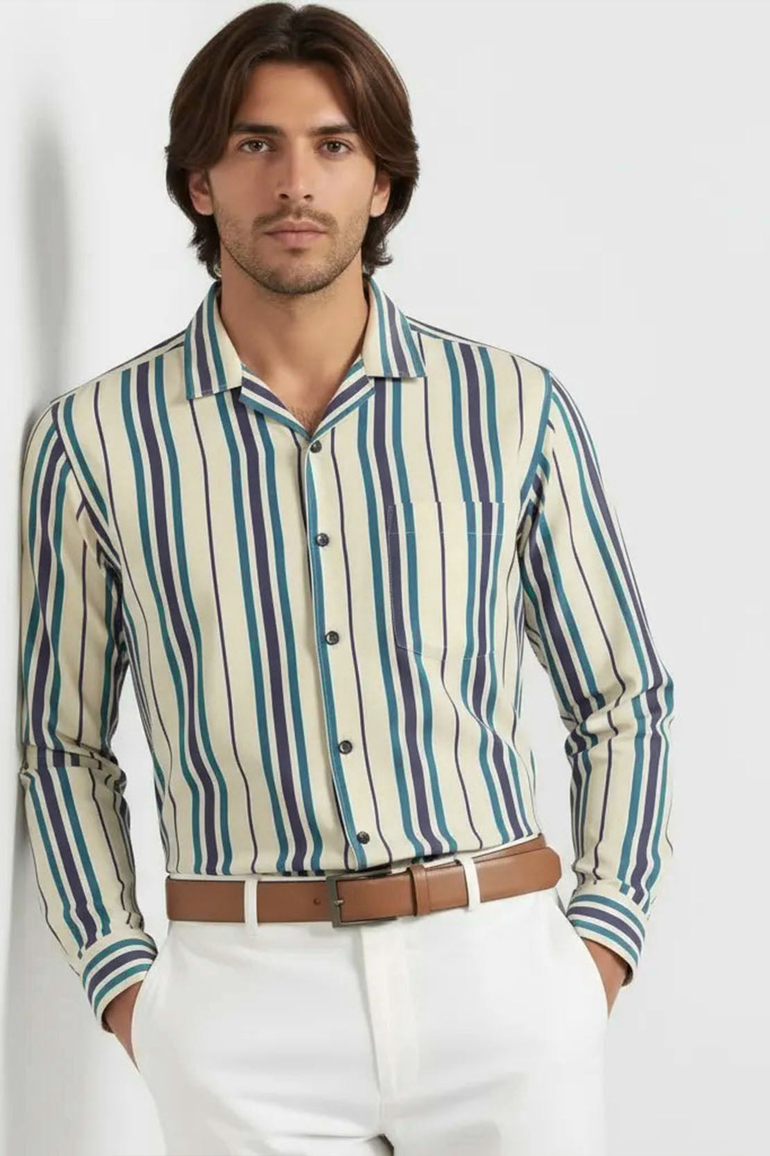 TEAL VERTICAL CUBAN STRIPE SHIRT