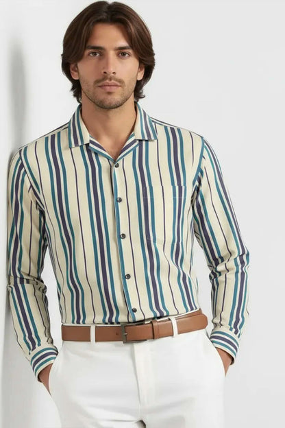 TEAL VERTICAL CUBAN STRIPE SHIRT