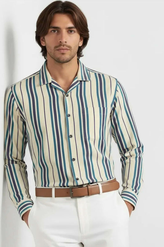 TEAL VERTICAL CUBAN STRIPE SHIRT