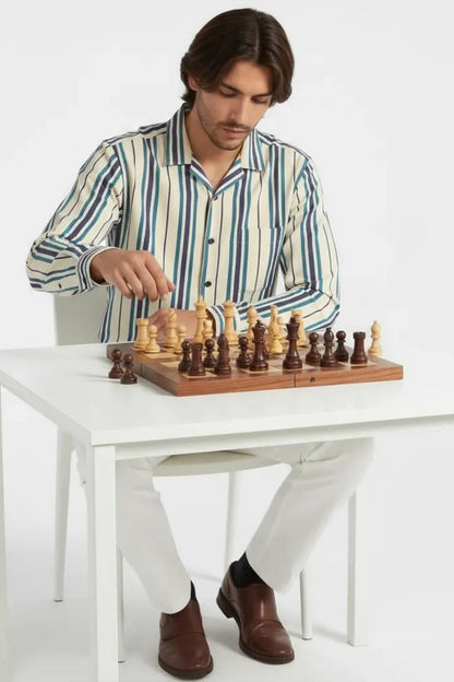 TEAL VERTICAL CUBAN STRIPE SHIRT