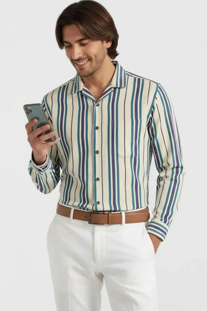 TEAL VERTICAL CUBAN STRIPE SHIRT