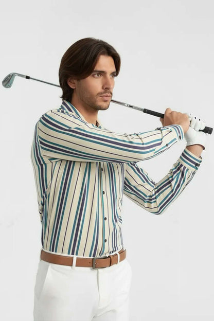 TEAL VERTICAL CUBAN STRIPE SHIRT