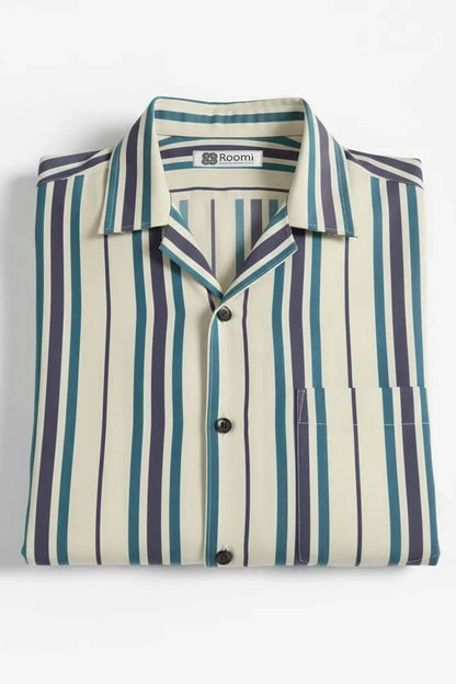 TEAL VERTICAL CUBAN STRIPE SHIRT