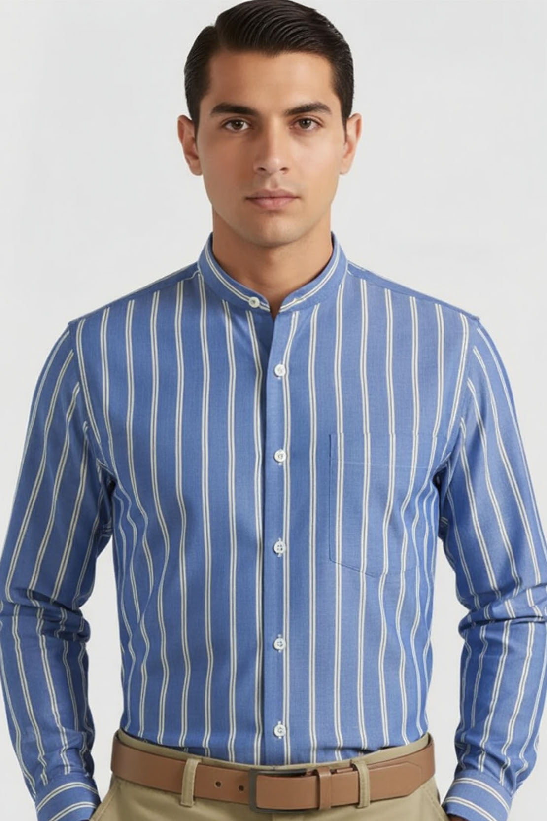 BLUE IVORY STRIPE PREMIUM BAND COLLAR SHIRT