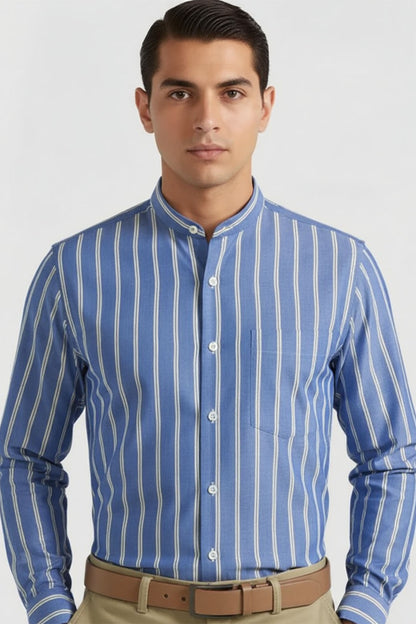 BLUE IVORY STRIPE PREMIUM BAND COLLAR SHIRT