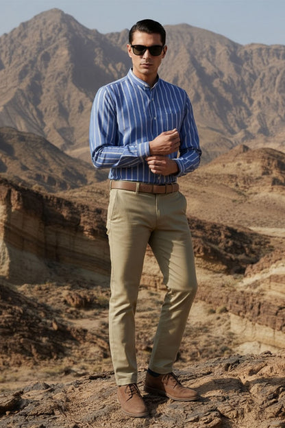 BLUE IVORY STRIPE PREMIUM BAND COLLAR SHIRT