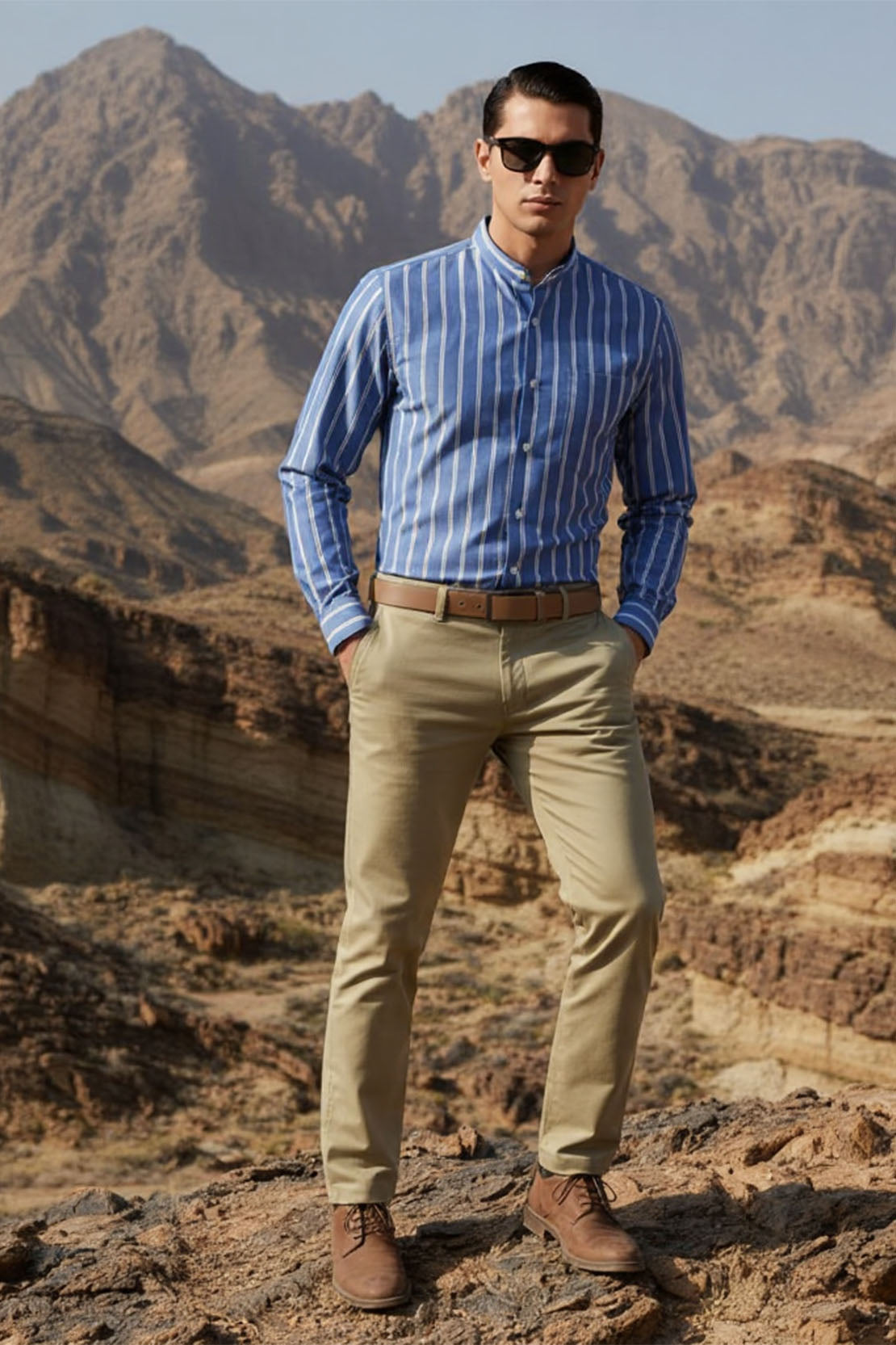 BLUE IVORY STRIPE PREMIUM BAND COLLAR SHIRT