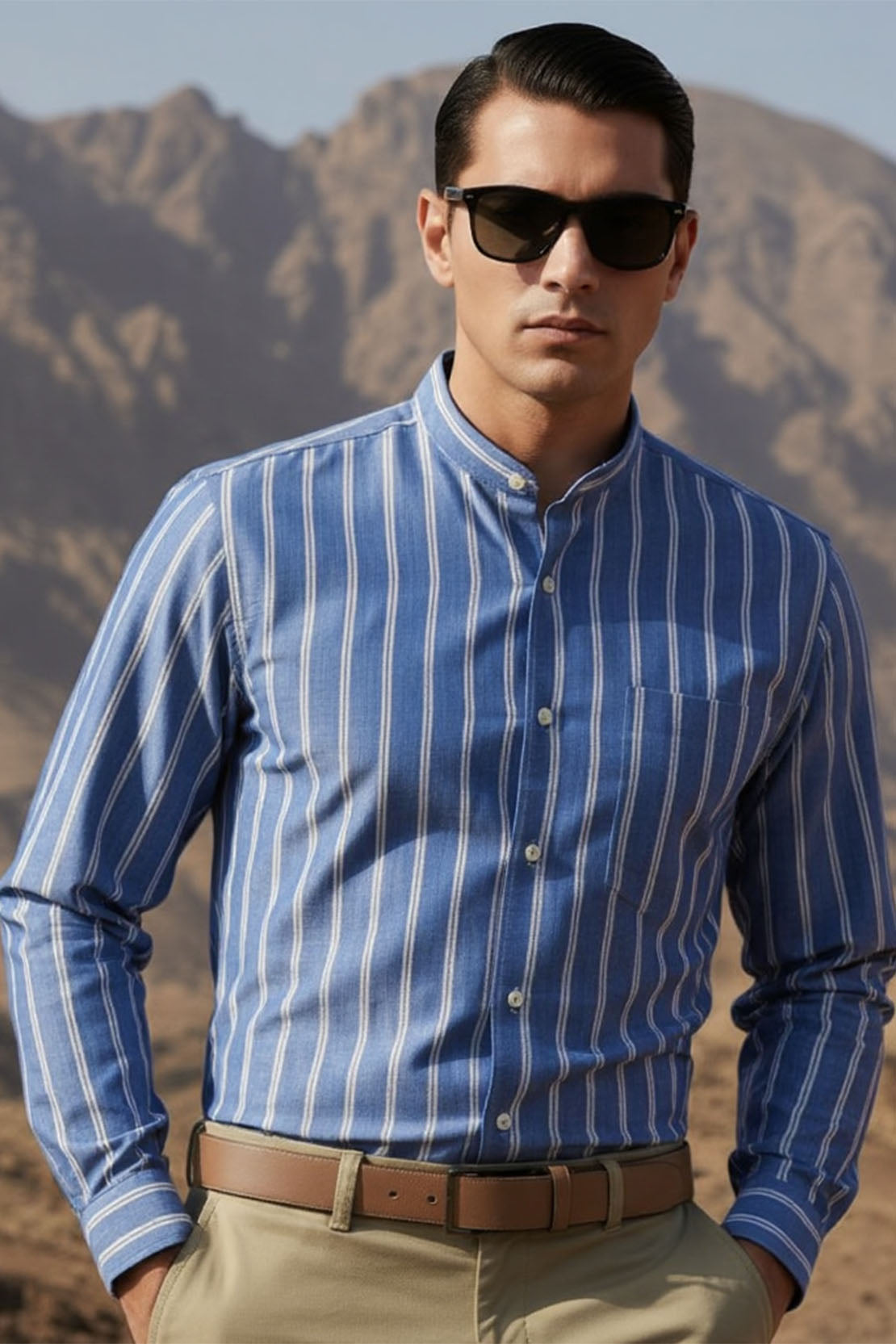 BLUE IVORY STRIPE PREMIUM BAND COLLAR SHIRT