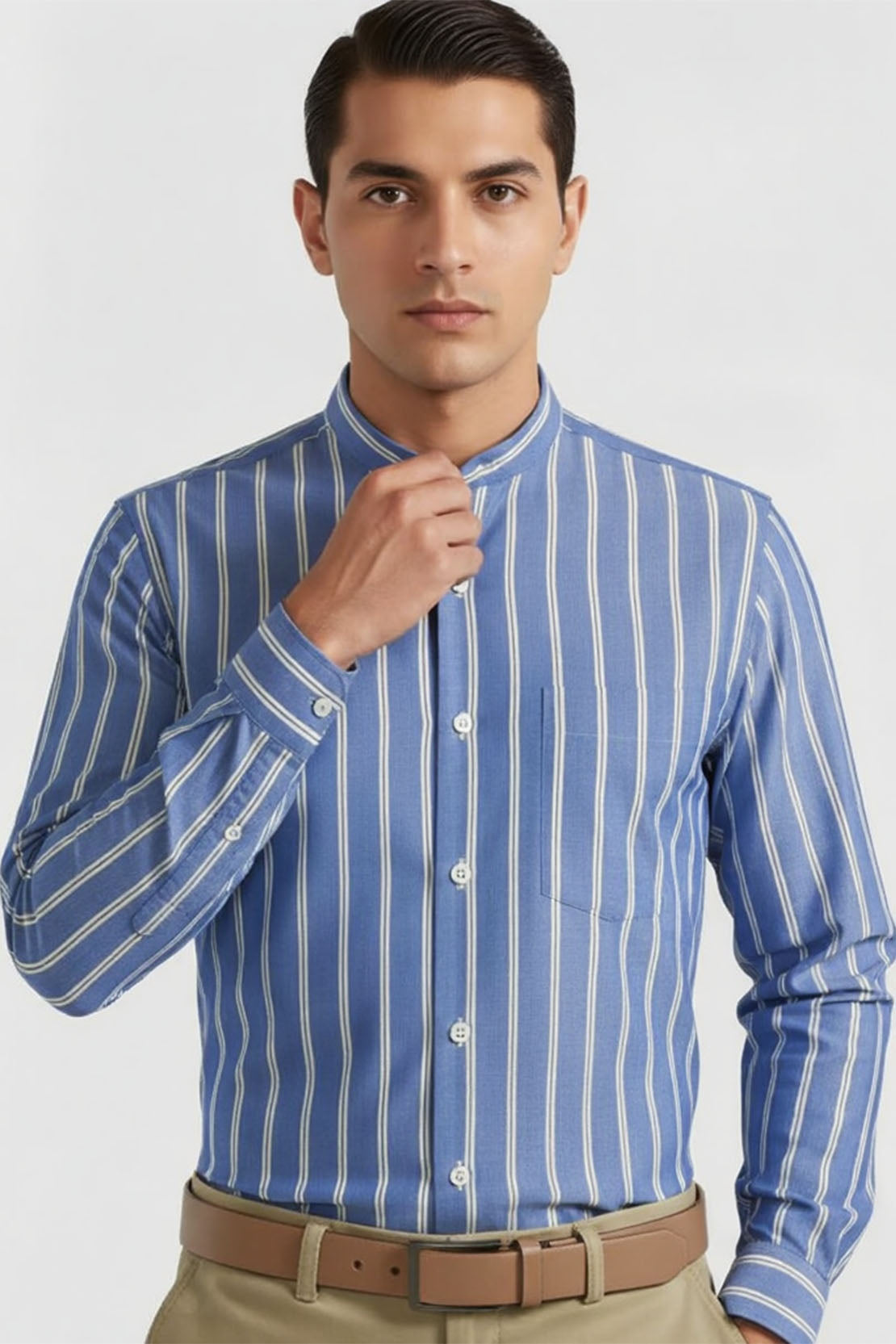 BLUE IVORY STRIPE PREMIUM BAND COLLAR SHIRT
