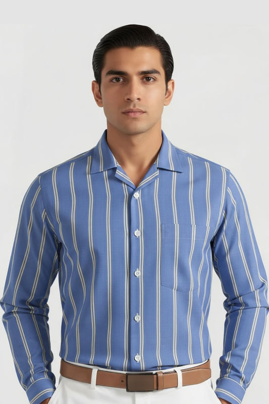 BLUE LINEAR ELEGANCE CUBAN SHIRT