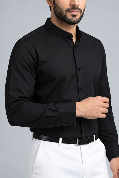 BLACK BAND COLLAR STRETCH SHIRT