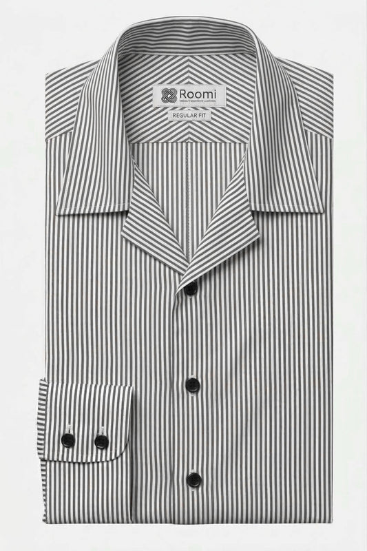 CRISP GREY BLACK VERTICAL LINE CUBAN SHIRT