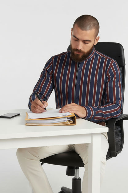 DEEP TONE STRIPED BAND COLLAR SHIRT