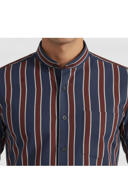 DEEP TONE STRIPED BAND COLLAR SHIRT