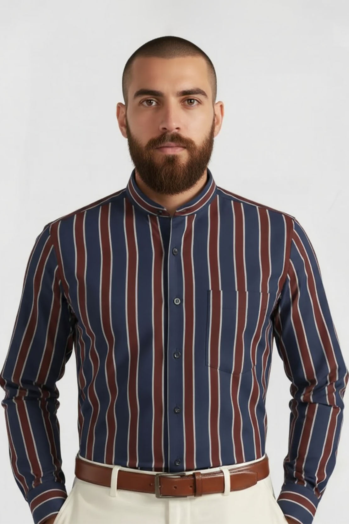 DEEP TONE STRIPED BAND COLLAR SHIRT
