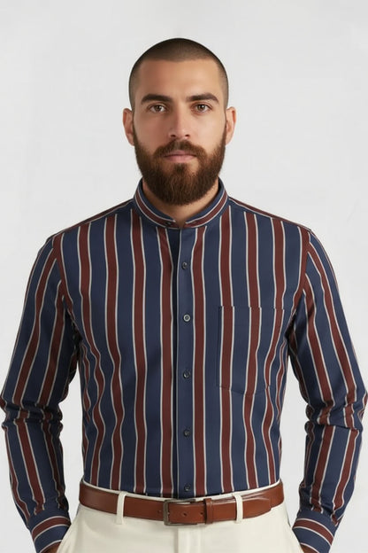 DEEP TONE STRIPED BAND COLLAR SHIRT