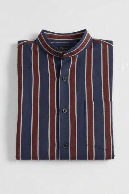 DEEP TONE STRIPED BAND COLLAR SHIRT