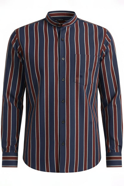 DEEP TONE STRIPED BAND COLLAR SHIRT 