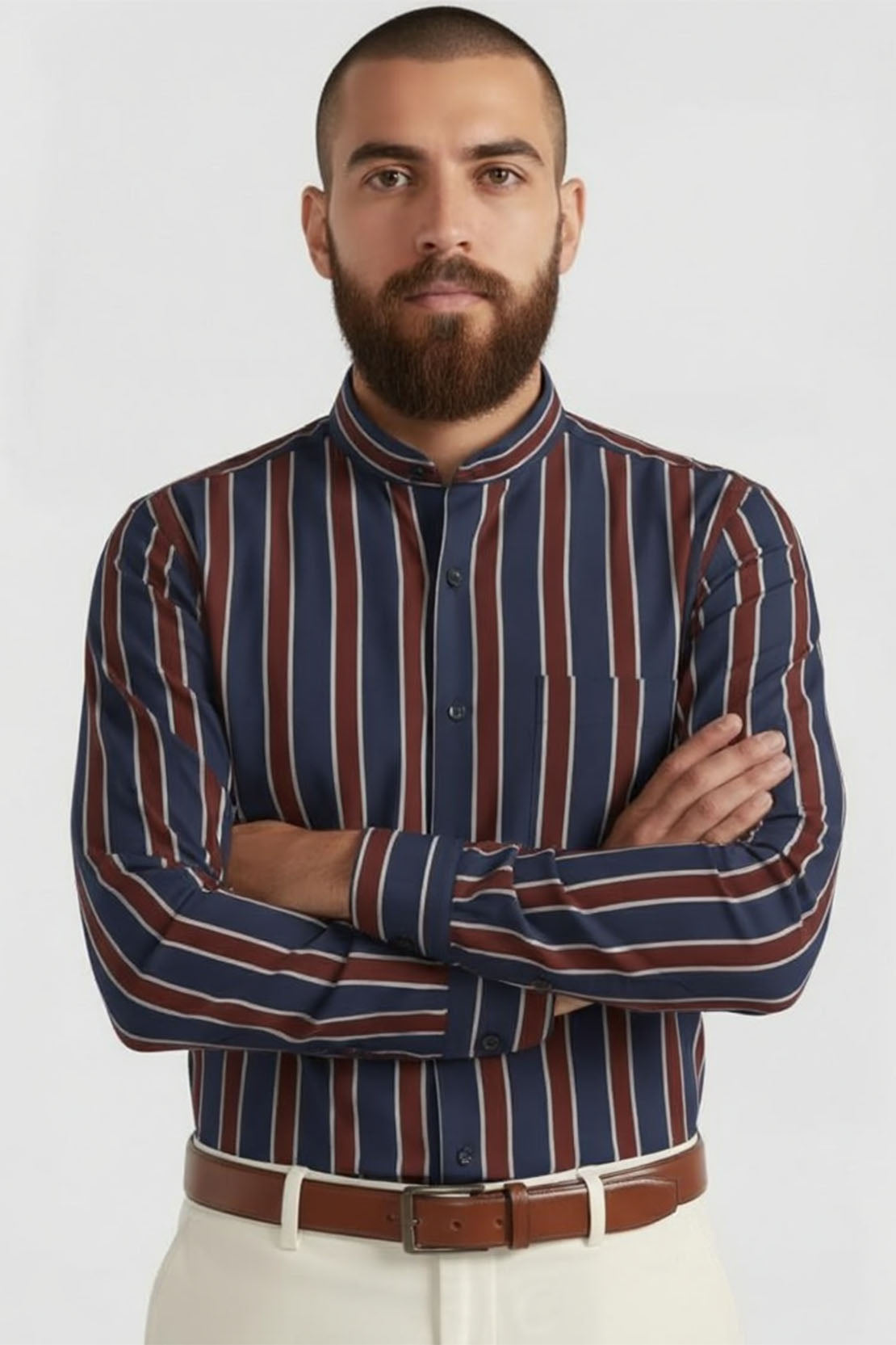 DEEP TONE STRIPED BAND COLLAR SHIRT