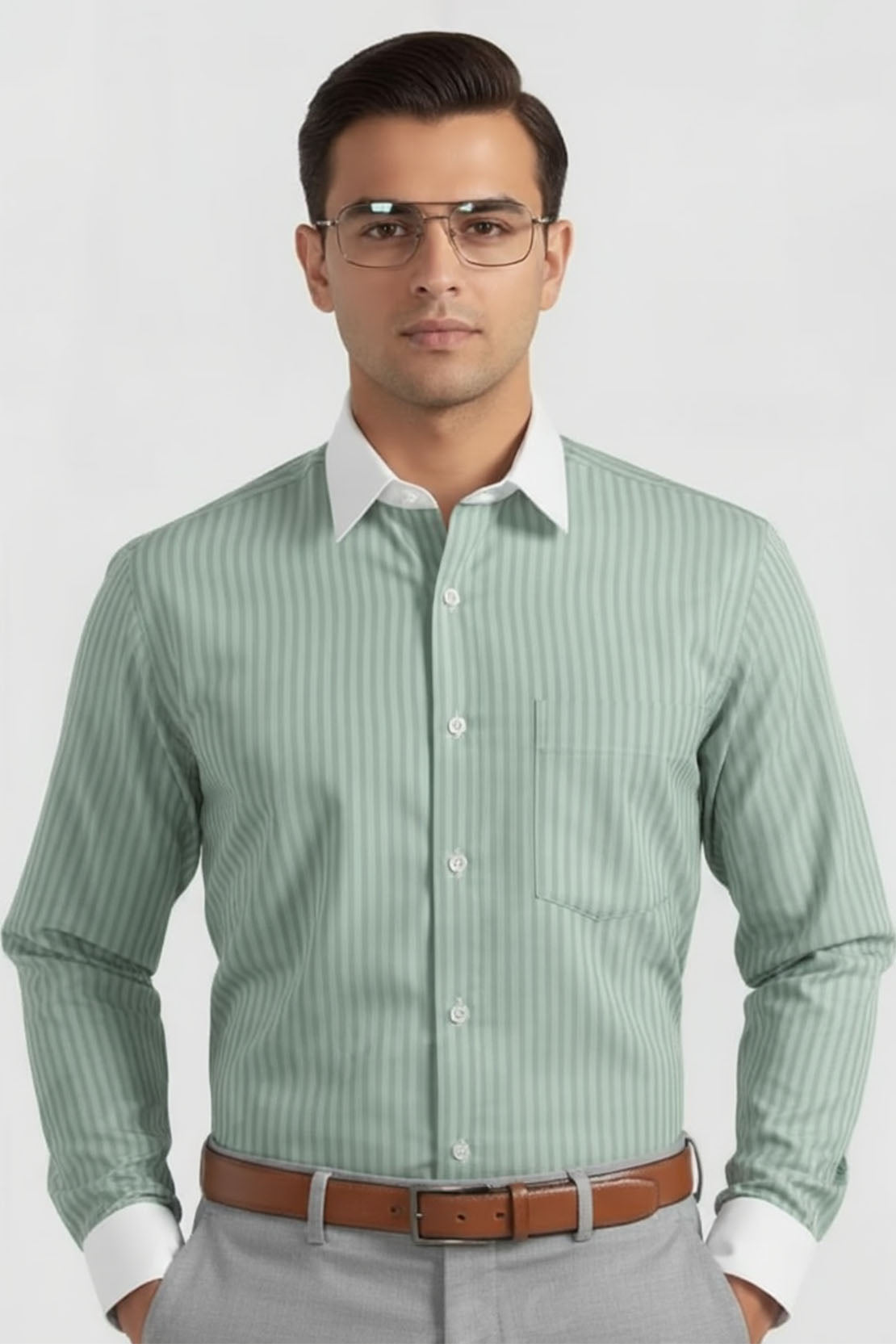 ELEGANT MINT GREEN STRIPED DRESS WHITE COLLAR SHIRT