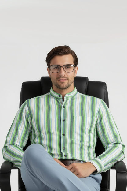 JADE STREAM STRIPED BAND COLLAR SHIRT